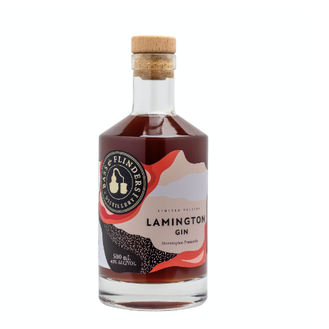 Bottle of Bass & Flinders Distillery Lamington Gin with a decorative label on a white background