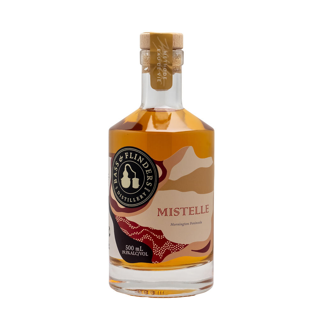 Bottle of Mistelle liquor from Bass & Flinders Distillery on a white background
