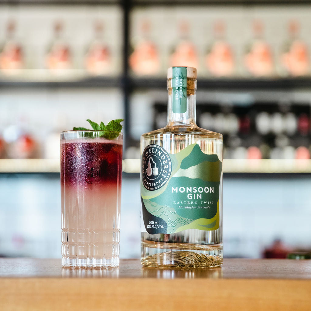 bass flinders distillery monsoon gin bottle on bar and cocktail