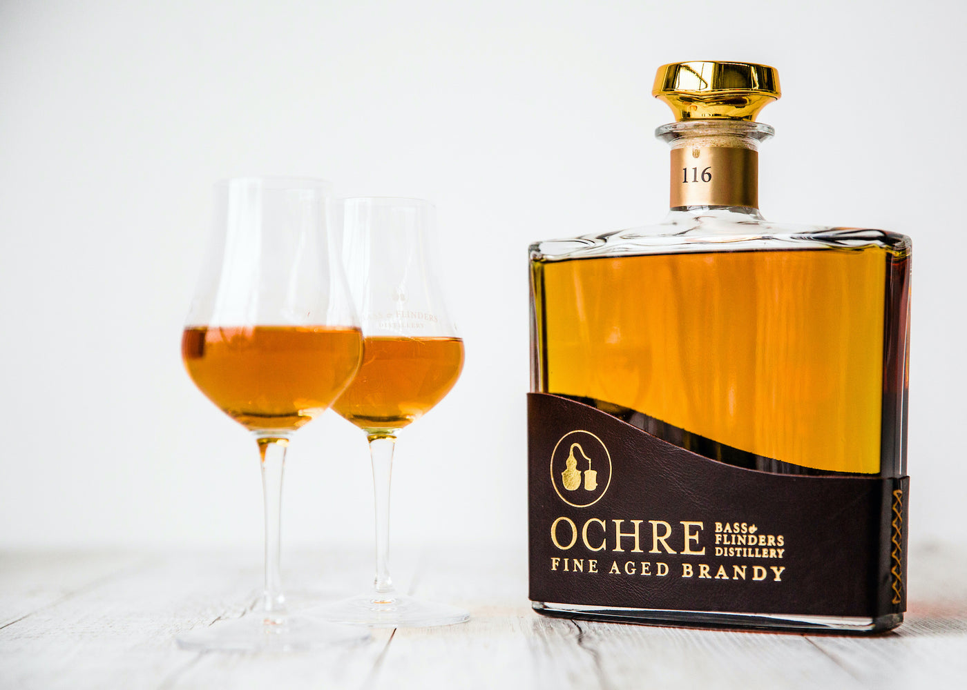 Bass & Flinders Distillery Ochre Fine Aged Brandy in tulip glass