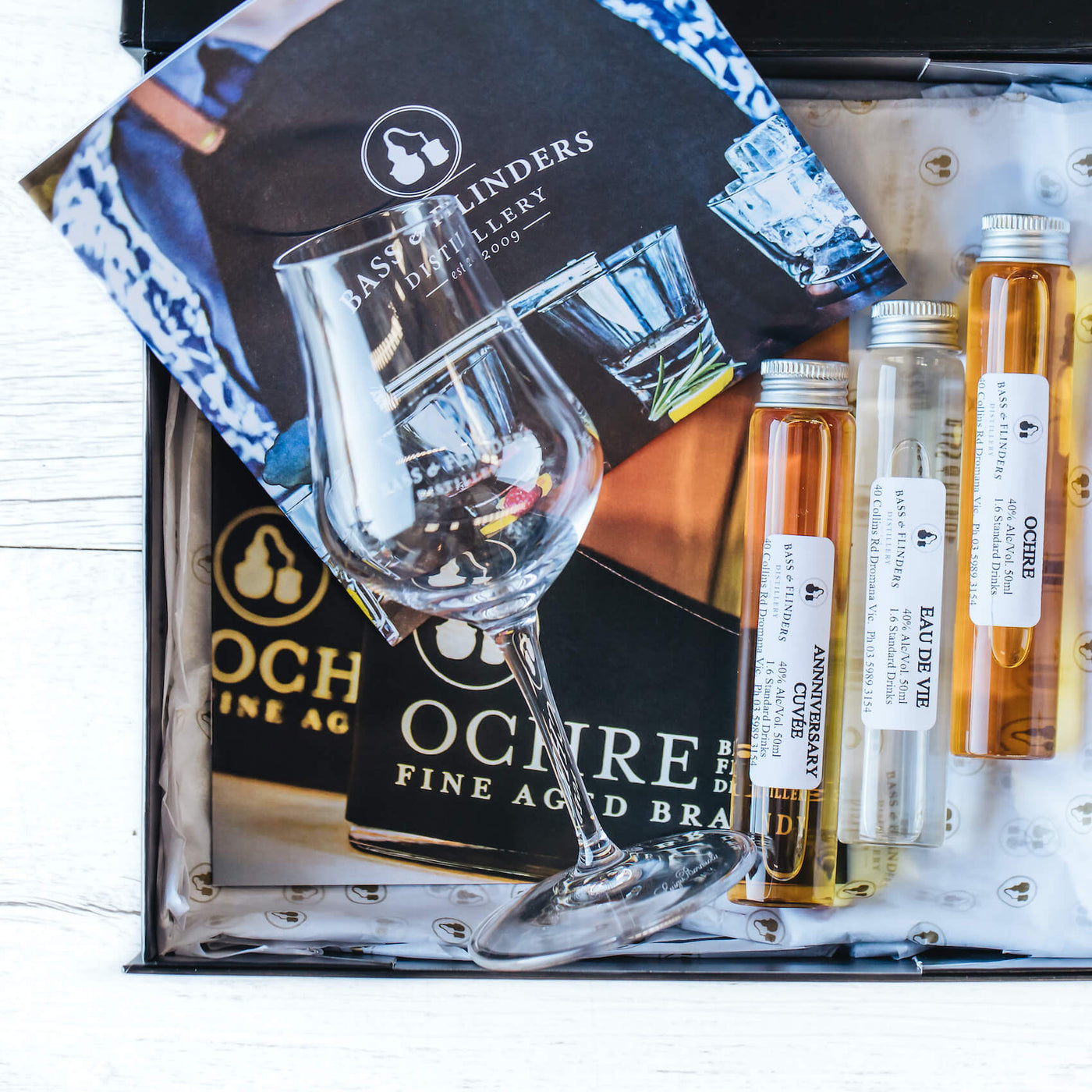 Bass & Flinders Distillery brandy gift pack with glass